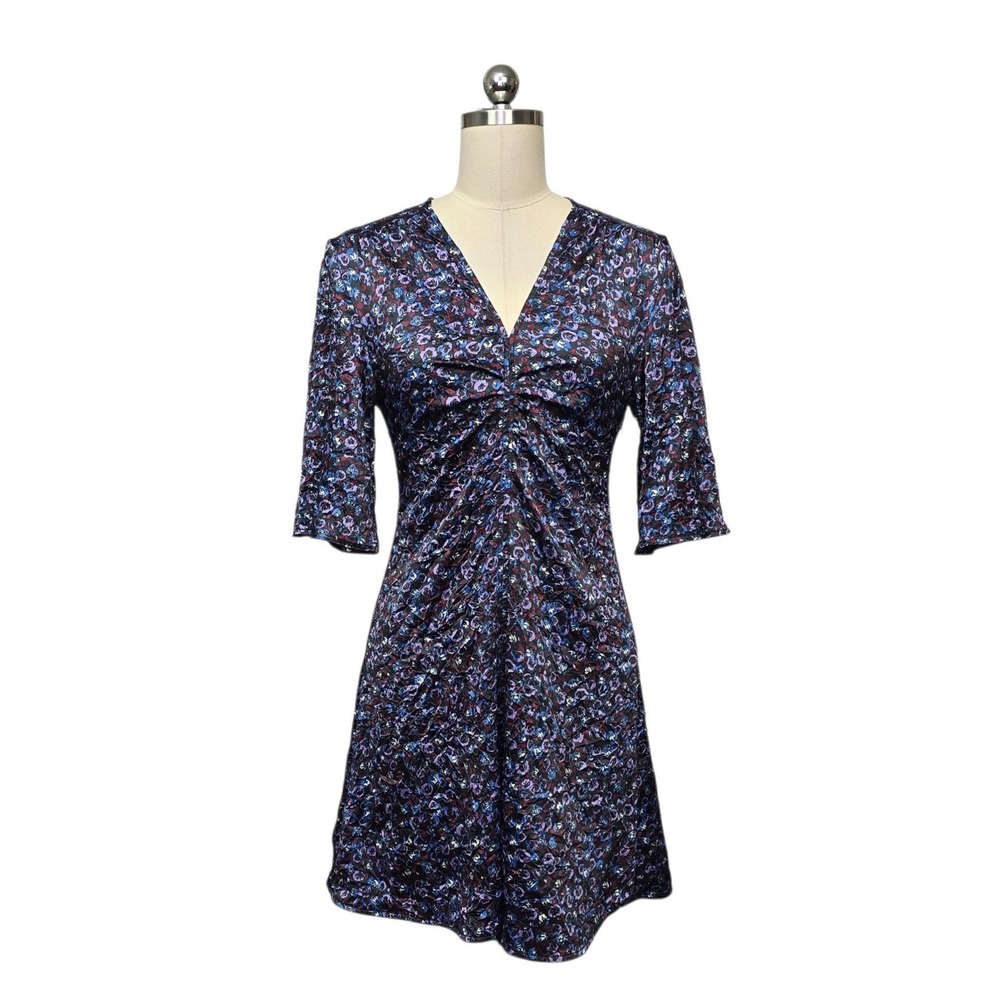 Ganni Purple Blue Floral Ruched V-Neck Mini Dress Size 34 US XS (2)